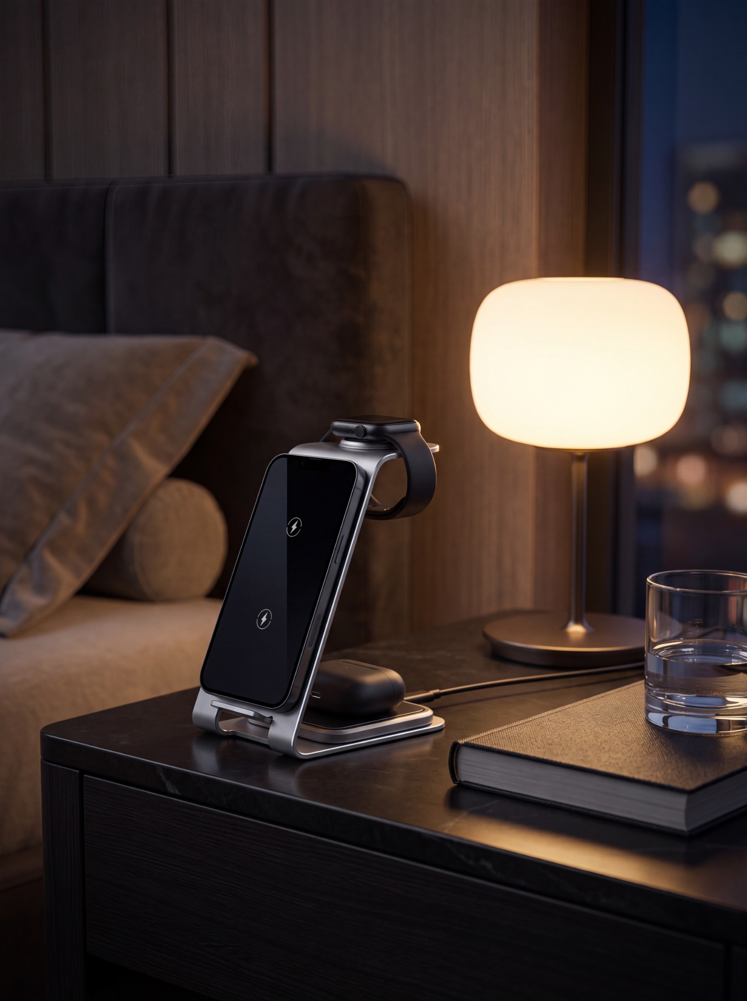 Logizure wireless charger on a premium bedside table