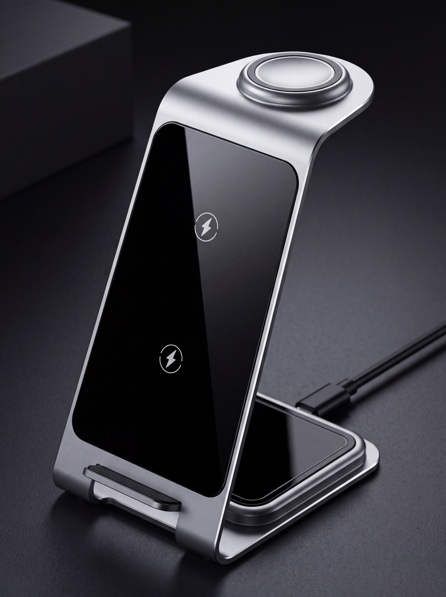 Close-up view of the 3-in-1 charging station